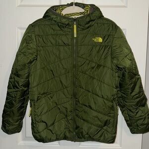 North Face Boys Reversible Puffer Jacket-Size L (14/16) Green/Yellow Hooded Coat